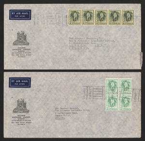 AUSTRALIA - Other Pre-Decimals: 1964-66 (SG.324) 2/3d White Wattles block of 4 paying quadruple rate on 1996 cover to England, also a 1964 cover to same addressee with 2/3d Yellow Wattles strip of 5 paying quintuple rate. Scarce multiples on cover, particularly the former.
