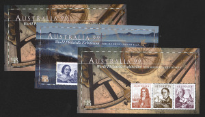 AUSTRALIA - Decimal Issues: Decimal accumulation including Koala reprints to $5 Twelve Apostles & $10 Devils Marbles International Post, miniature sheets incl. "Australia 99" Navigators misperforated or 'A99' perfin, many other M/Ss with Stamp Show overprints, plus framas, specimen overprints including Navigators set, blocks of 4 incl. $5 Mentone, few minor varieties, etc, face value $150+ (ex specimens). Good lot, that may surprise. (many 100s)