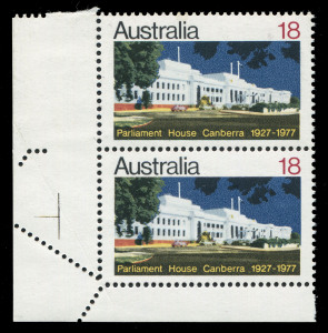 AUSTRALIA - Decimal Issues: Decimal varieties with 1966 QEII 2c & 6c orange both with "Offsets" MUH (Cat $200), 1977 18c Parliament House lower-left corner marginal pairs (2) each with "Aberrant perfs" in left margins due to paper folds, one lower stamp in one pair just affected in lower-left corner, 1986 36c Christmas with minor misperforation. (5 items)