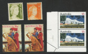 AUSTRALIA - Decimal Issues: Decimal varieties with 1966 QEII 2c & 6c orange both with "Offsets" MUH (Cat $200), 1977 18c Parliament House lower-left corner marginal pairs (2) each with "Aberrant perfs" in left margins due to paper folds, one lower stamp i - 2
