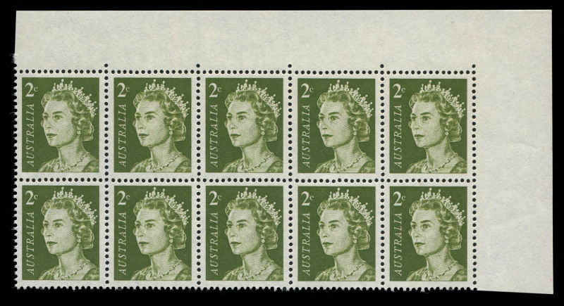 AUSTRALIA - Decimal Issues: 1966-71 (SG.383) QEII 2c olive-green upper-right corner block of 10 (5x2) with "Complete strong offset", unmounted, BW:437c - Cat $1000+.