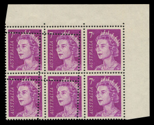 AUSTRALIA - Decimal Issues: 1971-73 (SG.388a) QEII 7c purple corner block of 6, four units at left showing "Double perforations horizontally & vertically", fresh MUH, BW.447be - Cat. $300+. (The listed variety is for double perforations vertically only). 