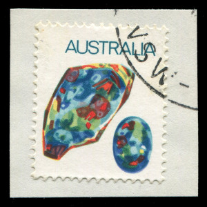 AUSTRALIA - Decimal Issues: 1973-74 (SG.551) 8c Agate error "Black (face value & inscription) omitted", very fine used on piece, with normal stamp for comparison, BW.644c - Cat. $500 (MUH), unpriced used.