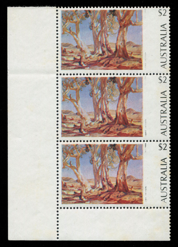 AUSTRALIA - Decimal Issues: 1974-79 (SG.566a) $2 Paintings "Red Gums of the Far North" lower-left corner vertical strip of 3 error "Partial omission of black colour, affecting the 'HANS HEYSEN 1877-1968' inscription", some light tones on gum, MUH, BW.665c