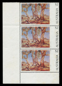 AUSTRALIA - Decimal Issues: 1974-79 (SG.566a) $2 Paintings "Red Gums of the Far North" lower-left corner vertical strip of 3 error "Partial omission of black colour, affecting the 'HANS HEYSEN 1877-1968' inscription", some light tones on gum, MUH, BW.665cb (variant), with normal stamp for comparison.