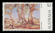 AUSTRALIA - Decimal Issues: 1974-79 (SG.566a) $2 Paintings "Red Gums of the Far North" lower-left corner vertical strip of 3 error "Partial omission of black colour, affecting the 'HANS HEYSEN 1877-1968' inscription", some light tones on gum, MUH, BW.665c - 2