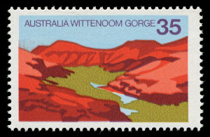 AUSTRALIA - Decimal Issues: 1976 (SG.629) Australian Scenes 35c Wittenoom Gorge variety "Purple (mountain in background) omitted", fresh MUH with normal stamp for comparison, BW: 749c - Cat $4000. Seldom offered.