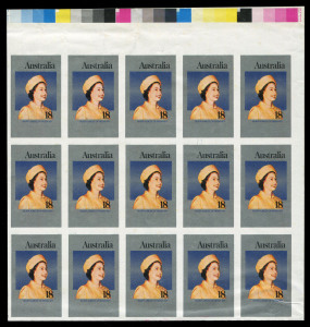 AUSTRALIA - Decimal Issues: 1977 (SG.645) 18c Silver Jubilee imperforate marginal block of 15 (5x3) showing colour bars at top, light wrinkling affecting 5 units at base & marginal colour bar, fresh MUH, BW.765b - Cat.$1400+. Larger multiples are seldom offered.
