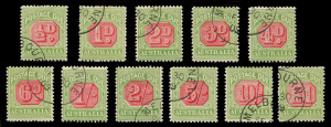 AUSTRALIA - Postage Dues: 1909-10 (SG.D63-73) Wmk Crown over Double-Lined A ½d to £1 set Perf.12x12½, CTO, strong original colours, ½d variety "Notch in lower value tablet frame at centre", all values previously hinged on full orginal gum, Cat $940+.