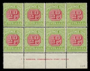 AUSTRALIA - Postage Dues: 1913-21 (SG.D79a) ½d carmine & apple-green Perf.14 Harrison one-line imprint block of 8, some perf reinforcements, three units MUH, Cat $750+.