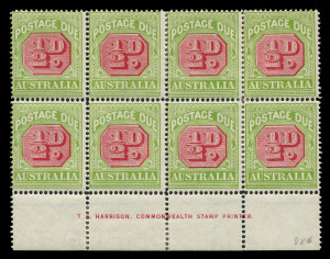 AUSTRALIA - Postage Dues: 1913-21 (SG.D79a) ½d carmine & apple-green Perf.14 Harrison one-line imprint block of 8, some perf reinforcements, three units MUH, Cat $750+.