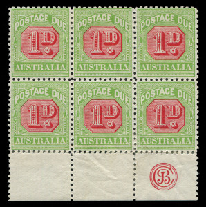AUSTRALIA - Postage Dues: 1913-21 (SG.D78) 1d rose-red & green Perf.11 'JBC' Monogram block of 6, hinge remnants & reinforcements at base, Cat. $300+.