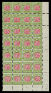 AUSTRALIA - Postage Dues: 1922-30 (SG.D98) Wmk Crown over A 4d carmine & yellow-green Perf.11 corner block of 28 (4x7) from lower-right corner of the sheet, 10 units with small gumside tonespots around the perfs, other units fresh MUH, Cat $1400++.