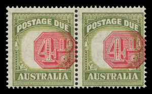AUSTRALIA - Postage Dues: 1938 (SG.D116) 4d carmine & deep yellow-green pair variety "Value misplaced 3.50mm to right", fresh MUH, BW:D126Fc - Cat. $550+.
