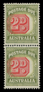AUSTRALIA - Postage Dues: 1946-57 (SG.D121) Redrawn Value Plates 2d red & yellow-green vertical pair variety "Value misplaced 3mm to left", fresh MUH, BW:D131c - Cat $350+.