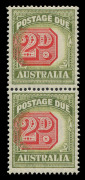 AUSTRALIA - Postage Dues: 1946-57 (SG.D121) Redrawn Value Plates 2d red & yellow-green vertical pair variety "Value misplaced 3mm to left", fresh MUH, BW:D131c - Cat $350+.