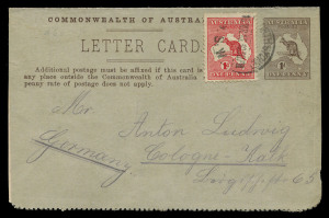 AUSTRALIA - Postal Stationery - Postal Cards: 1d Kangaroo Design Original Die in brown, view "On the Murray, S. Australia" BW:LC14(94)a uprated with 1d red Roo for 1913 (Mar.15) transit from North Sydney to Germany, card with some internal abrasions, otherwise fine.
