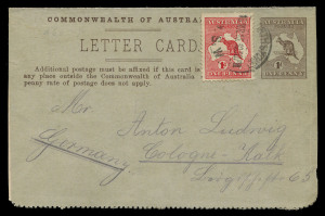 AUSTRALIA - Postal Stationery - Postal Cards: 1d Kangaroo Design Original Die in brown, view "On the Murray, S. Australia" BW:LC14(94)a uprated with 1d red Roo for 1913 (Mar.15) transit from North Sydney to Germany, card with some internal abrasions, oth