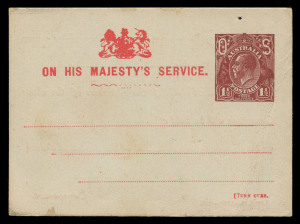 AUSTRALIA - Postal Stationery - Postal Cards: Official: 1919-21 OS in die 1½d red-brown (Type 3), unused, blemishes, BW:PO3C - Cat. $1000.