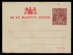 AUSTRALIA - Postal Stationery - Postal Cards: Official: 1919-21 OS in die 1½d red-brown (Type 3), unused, blemishes, BW:PO3C - Cat. $1000.