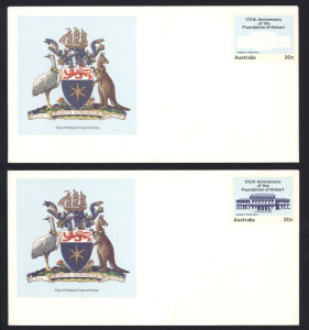 AUSTRALIA - Postal Stationery - Envelopes: Unused decimal PSEs with missing colours comprising 1979 20c 175th Anniv. of Foundation of Hobart "Missing deep blue on stamp" (Hobart Town Hall), 1991 43c Seventh Assembly World Council of Churches (2, one with FDC cancel) both "Missing cream colour" (cachet & stamp), each cover is a accompanied by a normal example. Scarce. (3+3)