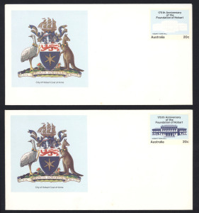 AUSTRALIA - Postal Stationery - Envelopes: Unused decimal PSEs with missing colours comprising 1979 20c 175th Anniv. of Foundation of Hobart "Missing deep blue on stamp" (Hobart Town Hall), 1991 43c Seventh Assembly World Council of Churches (2, one with 