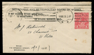 AUSTRALIA - Postal Stationery - Envelopes - Stamped to Order: 1916 (Mar.16) Melbourne local use of 1d Red KGV Sideface unusual small format (137x80mm) envelope BW:ES14 for user Melbourne and Metropolitan Board of Works, few small blemishes.