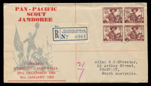 AUSTRALIA - First Day & Commemorative Covers: 1948-66 Scouting trio comprising 1948 (Dec 29) Pan-Pacific Scout Jamboree Yarra Brae with unlisted hexagonal datestamp similar to APM.792 but with stop instead of dash between 'YARRA' and 'BRAE' and no stop after 'BRAE', Wide World cachet, blue on white registration label numbered '128'; 1953 (Jan 9) Pan-Pacific Scout Jamboree Greystanes with APM.991 datestamp and blue on white registration label numbered '901'; also 1966 Corroboree Woodhouse (SA) of