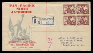AUSTRALIA - First Day & Commemorative Covers: 1948-66 Scouting trio comprising 1948 (Dec 29) Pan-Pacific Scout Jamboree Yarra Brae with unlisted hexagonal datestamp similar to APM.792 but with stop instead of dash between 'YARRA' and 'BRAE' and no stop af