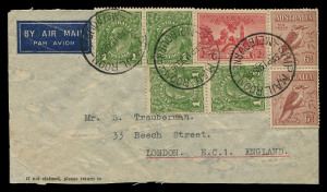 AUSTRALIA - Inwards Mail to Australasia Accelerated by Air Transit: 13 Nov. 1936 cover (reduced at base) Melbourne-London franked unusual combination for 1/6d airmail rate, carried aboard Imperial Airways service flight IW497 during which Horsa due to inclement weather could not land Nov 23-24 at Amman, subsequently force-landed Nov 24 at Gaza, and mail redirected to Alexandria. Very scarce incident.