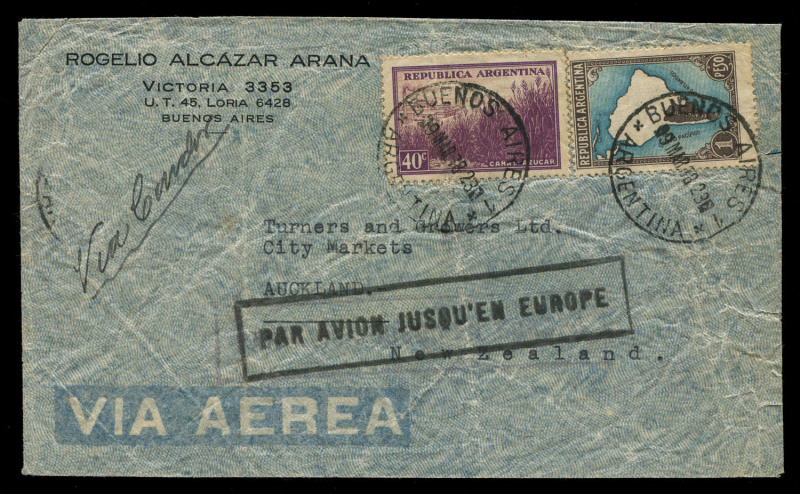 AUSTRALIA - Commercial Airmail Inwards to Australasia: Argentina: 1936 (Mar 29) Rogelio Alcazer Arana (Buenos Aires) cover to Auckland endorsed 'Via Condor' franked 1p40 for UPU 15c plus airmail surcharge 1p15 per 5gms, very fine framed 'PAR AVION JUSQU'E