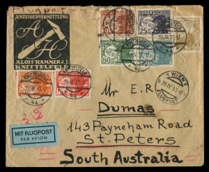 AUSTRALIA - Commercial Airmail Inwards to Australasia: Austria: 1935 (Apr 15) Alois Hammer advertising cover from Knittelfeld to Adelaide bearing attractive range 1925 Air series, aggregate 2s20 representing 60g UPU rate plus 1s60 per 5gms airmail surcharge, Vienna (Apr. 20) transit and Adelaide (May 4) arrival. Early origin/destination item for Imperial Airways England-Australia through service.