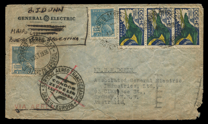 AUSTRALIA - Commercial Airmail Inwards to Australasia: Brazil: 1936 (Sep 9) General Electric cover Rio de Janeiro to Sydney franked 12,500r showing handstruck 'SERVICO AEREO TRANSOCEANICO/CONDOR/ZEPPELIN/LUFTHANSA/BRASIL-EUROPA', carried by Graf Zeppelin