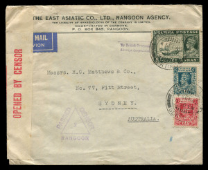 AUSTRALIA - Commercial Airmail Inwards to Australasia: Burma: 1940 (Sep 4) The East Asiatic Co (Rangoon) censored cover bearing aggregate 14a franking for combined airmail rate per ½oz, stamps 'E A C' perfins, handstamped 'By British Overseas/Airways Corporation' not noted elsewhere, sent via Horseshoe route, Rangoon Censor tape and handstamp. Rare and attractive.