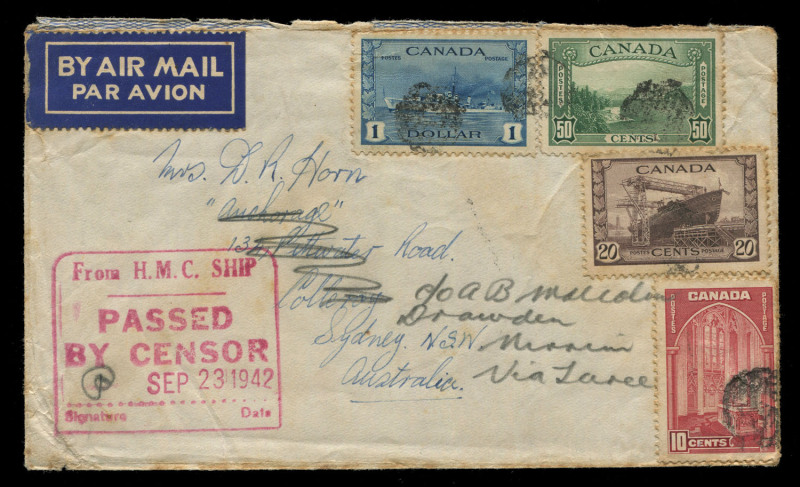 AUSTRALIA - Commercial Airmail Inwards to Australasia: Canada: 1941-42 covers with framed 'From H.M.C. SHIP/PASSED/BY CENSOR/Signature Date' handstamp, comprising [1] hand dated '22/7/41' to Melbourne where redirected franked 90c for single Clipper rate,