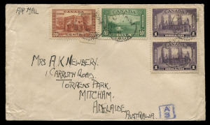 AUSTRALIA - Commercial Airmail Inwards to Australasia: Canada: 1941 (Nov. 11) cover from RAAF Sgt K. Newbery Ottawa to Adelaide franked aggregate $2.70 including $1 Chateau de Ramezay pair, representing PanAm Trans-Pacific Clipper combined airmail rate 90c per ½oz x3, conveyed by California, on the penultimate flight of this service, flap faults.