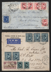 AUSTRALIA - Commercial Airmail Inwards to Australasia: Egypt: 1934-36 early Imperial Airways service selection, earliest Oct 9 1934 endorsed 'up to/Kchi at 45m rate, airmail terminated at Karachi, highest aggregate franking 268m (UPU 28m - 20-40gms Empire rate plus airmail surcharge 120m per 20gms x2), balance varying franking compositions for 135m single rate, one with 10m x5 on reverse cancelled by diamond lozenge pattern, another with scarcer franking of 1936 Exhibition 15m and 20m, odd fault
