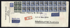 AUSTRALIA - Commercial Airmail Inwards to Australasia: Germany 1935-39 Gottfried Ruppell Bremen (wool importers) selection of printed covers to Henry B. Smith in Melbourne with frankings from 11Rm80 to 62Rm25 (with 3Rm Zeppelin block of 20) including 2Rm (4) and 3Rm (117). [The covers are generally linen-backed (370x145mm) and are believed to have contained samples, so many have blemishes/small edge faults as to be expected; the 2Rm & 3Rm values are unchecked for the scarce horizontally ribbed