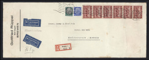 AUSTRALIA - Commercial Airmail Inwards to Australasia: Germany: a similar group to the above this time with frankings from 13Rm30 to 64Rm55 (with 2Rm Lilienthal x30), including 1924 3Rm Marienburg strip of six, and 1934 2Rm (52) and 3Rm (69), condition variable. (10 items)