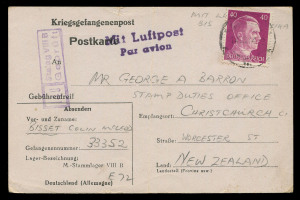 AUSTRALIA - Commercial Airmail Inwards to Australasia: Germany: 1941-44 Prisoners-of-War Postal Stationery from New Zealand internees to NZ, comprising various editions Lettersheets (3) and Postal Cards (10, three franked 40pf Hitler), earliest two endorsed 'Air Mail From Baghdad', balance via USA Trans-Atlantic services, multitude of camp, 'Taxe perçue', transit, censor markings, etc, few with faults, generally good, useful lot. (13)