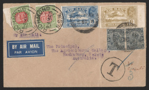 AUSTRALIA - Commercial Airmail Inwards to Australasia: India: 1930-37 selection featuring frankings of 1929 Air series, comprising 2a (4), 3a (7), 4a (5), 6a (4), 8a (3), and 12a (4), two registered, including earliest 1930 at 22a for Indian (Delhi-Dhanushkodi) and Australian (Perth-Adelaide) internal airmail services, 1931 first service extended experimentally to Australia (Imperial Airways flight IE106) at correct 24a rate, 1931 with Air Mail etiquette invalidated and handstamped 'No air servi