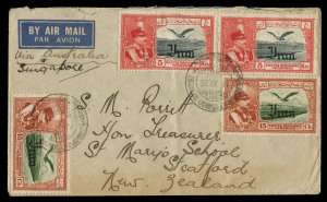AUSTRALIA - Commercial Airmail Inwards to Australasia: Iran: 1936 (Nov 18) cover to New Zealand endorsed 'Via Australia/&/Singapore' franked aggregate (front and reverse) 10kr60 plus New currency 1r50, apparently for UPU 1r50 rate plus airmail surcharge per 20gms (equivalent of old currency 10kr60), carried via Imperial Airways service flight IE498, which was delayed at Rangoon with damaged undercarriage (Nov 25-26), backstamped Basra, minor blemishes.