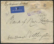 AUSTRALIA - Commercial Airmail Inwards to Australasia: Iraq: 1937 (Nov 13) Ottoman Bank Basra registered cover to Wellington New Zealand franked high aggregate 386f, including King Ghazi 100f strip of three, representing UPU 31f (40-60gms) rate plus airma - 2