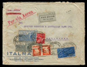 AUSTRALIA - Commercial Airmail Inwards to Australasia: Italy: 1931-32 Italrayon Milano covers to same addressee in Melbourne at 17L, 10L and 11L rates, frankings including 1926 Air 1L and 60c and 1930 10L Pegasus and 1932 3L Dante Alighieri Air pair, respectively, carried by Imperial Airways service (flights IE139 and 189) Brindisi-Karachi, backstamped Brindisi or Bologna Ambulante (TPO), minor aging & small blemishes. Attractive frankings and very scarce early jusqu'a airmail to Australia. (2)