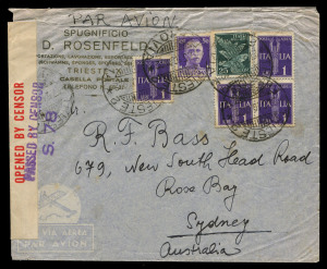 AUSTRALIA - Commercial Airmail Inwards to Australasia: Italy - Trieste: 1940 (May 27) D. Rosenfeld censored cover to Sydney franked aggregate 4L75 tied by Trieste 2 Ferrovia datestamp, censored Sydney. A rare origin/destination in this era.