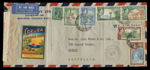 AUSTRALIA - Commercial Airmail Inwards to Australasia: Jamaica: 1942 (Jan 26) Rum Company Ltd (Kingston) dual censored cover to Sydney franked attractive KGVI issues aggregate 4/- for PanAm Clipper combined airmail rate 4/- per ½oz, Jamaica 'PASSED BY/'1601'/CENSOR' and Sydney Censor tape, small blemishes, Coruba Jamaica Rum multicoloured labels front and reverse.