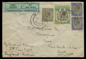 AUSTRALIA - Commercial Airmail Inwards to Australasia: Kenya, Uganda & Tanganyika: 1931 (Apr 17) cover Mwanza to Moree NSW endorsed to join Imperial Airways second trial flight ex London, which departed Apr 25 1931, and to that end departed on Northbound service ex Mwanza Apr 21 (flight AN7), but owing to inclement weather in Southern Sudan the flight was delayed eight days, thereby missing the London departure, franked with Tanganyika issues for aggregate correct 2/- per ½oz rate, datestamp tie