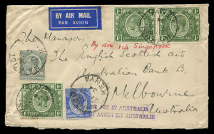 AUSTRALIA - Commercial Airmail Inwards to Australasia: Kenya, Uganda & Tanganyika: 1934 (Dec 27) Barclays Bank cover (opened at base) Nairobi to Melbourne bearing aggregate franking 3s80 for combined airmail rate 1s90 per ½oz x2, endorsed 'By air via Singapore and with Nairobi applied 'BY AIR IN AUSTRALIA/PAR AVION EN AUSTRALIE' handstamp, carried by Imperial Airways services (Northbound AN199, Eastbound IE301), backstamped Melbourne, attractive example of double rate.