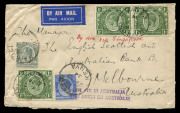 AUSTRALIA - Commercial Airmail Inwards to Australasia: Kenya, Uganda & Tanganyika: 1934 (Dec 27) Barclays Bank cover (opened at base) Nairobi to Melbourne bearing aggregate franking 3s80 for combined airmail rate 1s90 per ½oz x2, endorsed 'By air via Sing