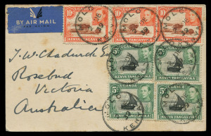 AUSTRALIA - Commercial Airmail Inwards to Australasia: Kenya, Uganda & Tanganyika: 1939 (Dec. 2) postcard adapted as Christmas card from Molo to Rosebud Victoria franked aggregate correct 50c for airmail postcard, Melbourne backstamp. Rare in this era, se